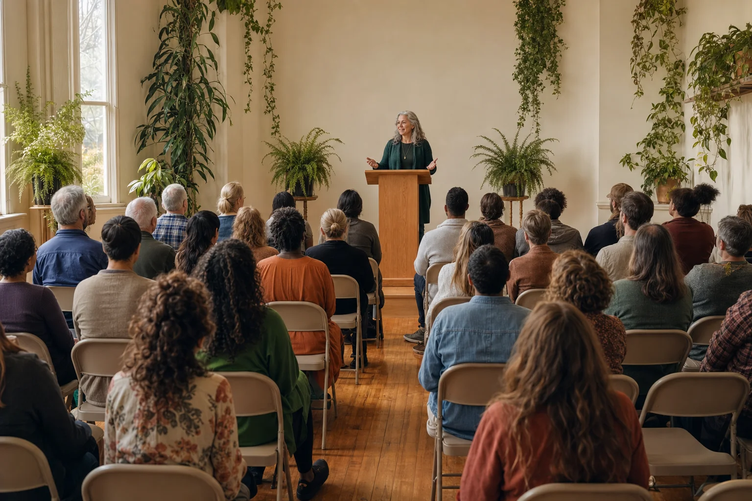 The congregation seated in a warm plant-filled hall as Rev. Mara speaks from a simple wooden lectern